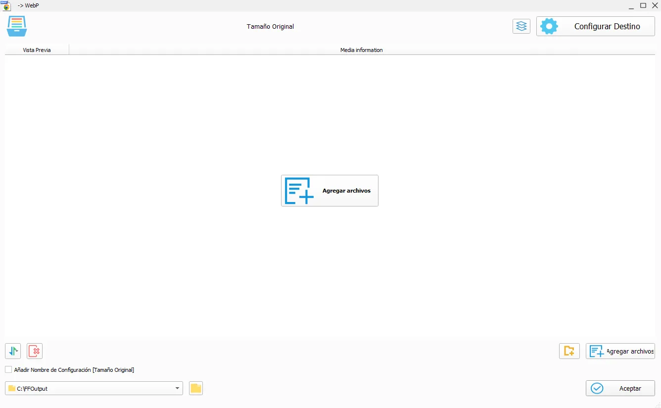 El diálogo de conversión de imagen de Format Factory, con el botón Agregar archivos y el boton Configurar Destino para ajustar la calidad JPG antes de convertir.