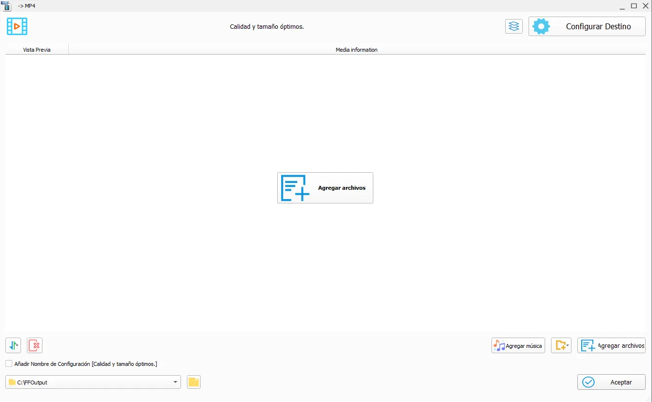 El diálogo de conversión de Format Factory tras elegir un formato de salida: un boton grande Agregar archivos en el centro y Configurar Destino arriba a la derecha.
